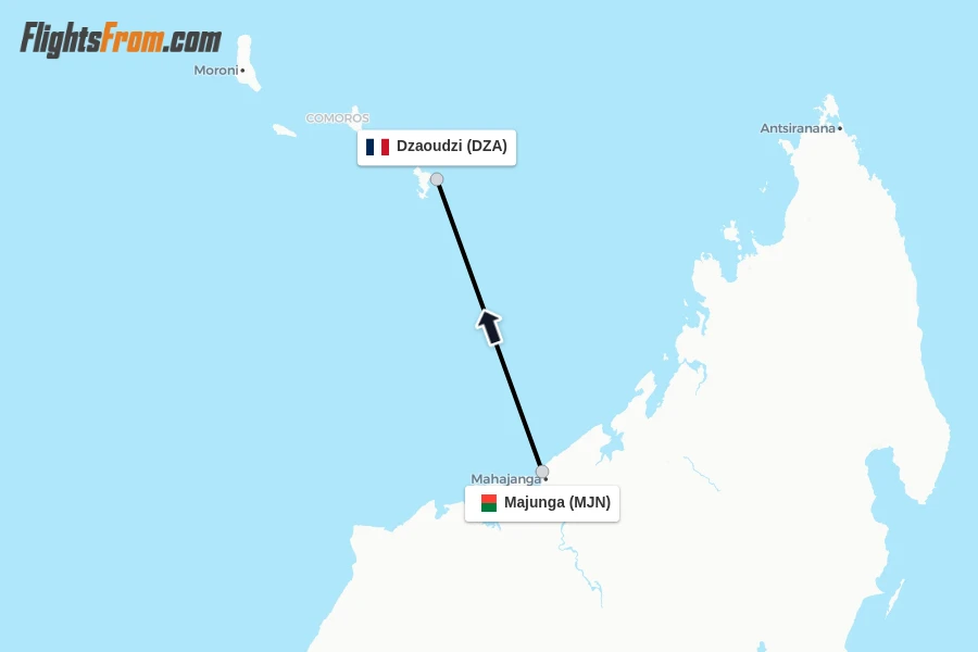 Flights from Majunga to Dzaoudzi route map