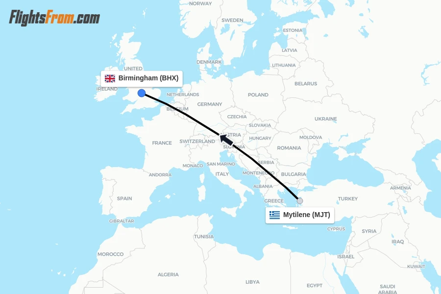 Flights from Mytilene to Birmingham route map