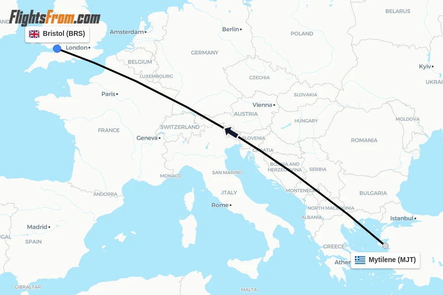 Flights from Mytilene to Bristol route map