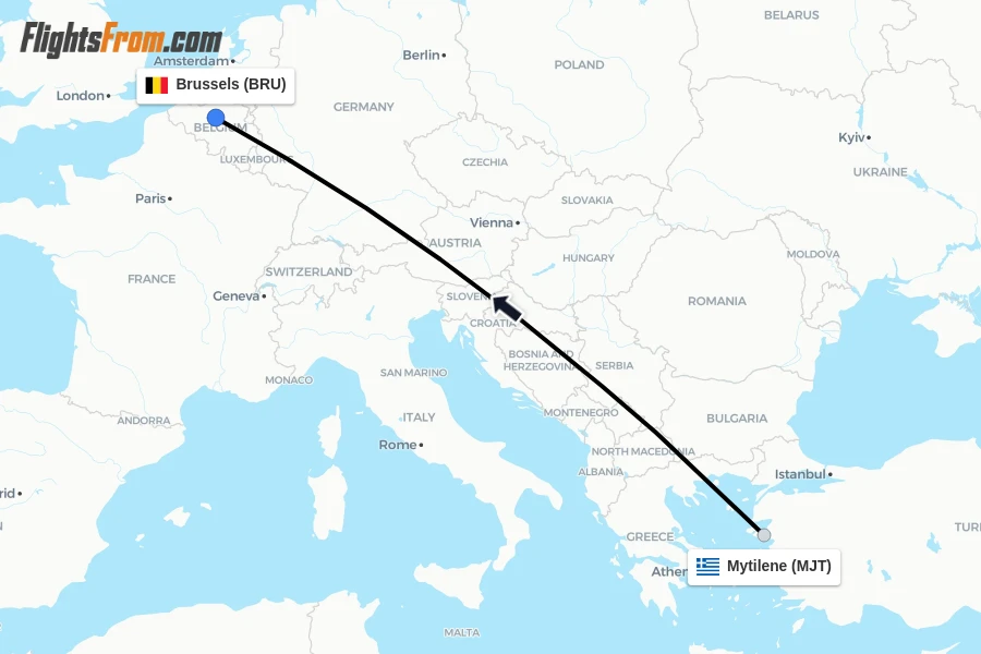 Flights from Mytilene to Brussels route map
