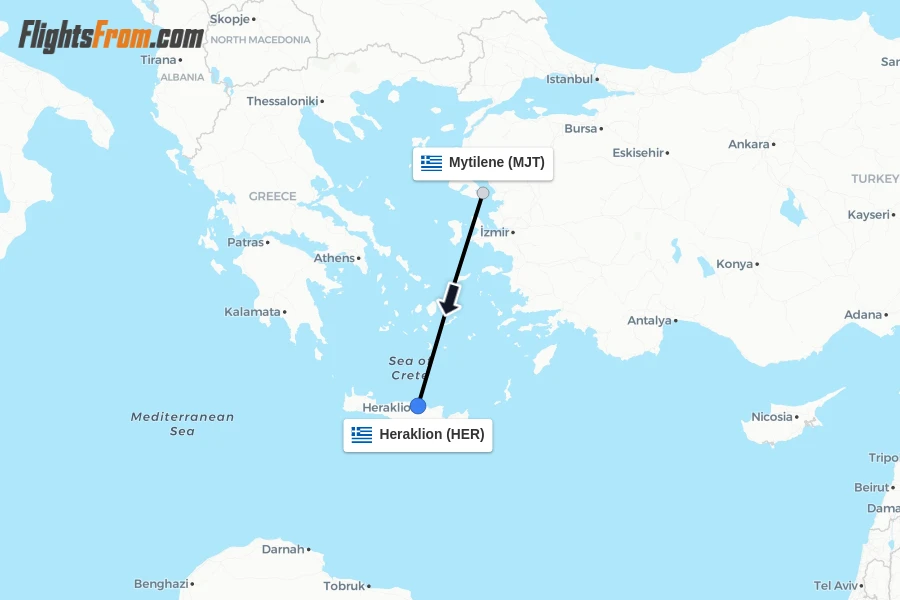 Flights from Mytilene to Heraklion route map