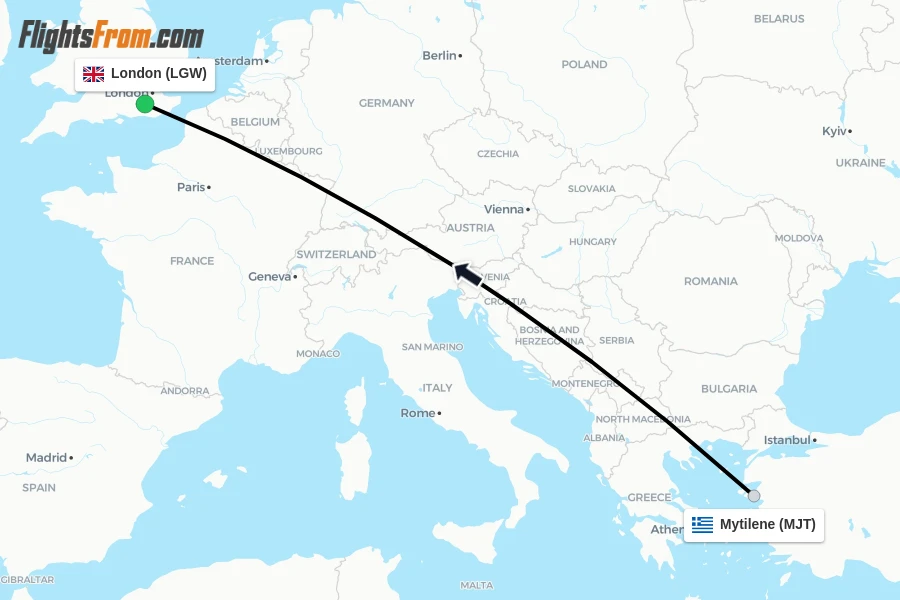 Flights from Mytilene to London route map