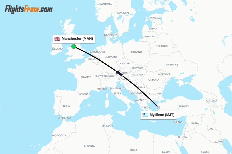 Flights from Mytilene to Manchester route map