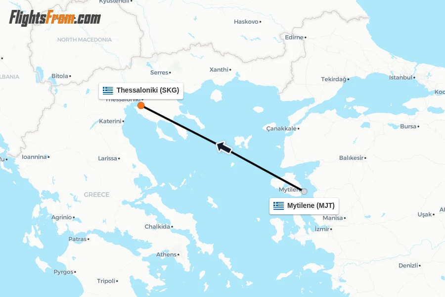 Flights from Mytilene to Thessaloniki route map