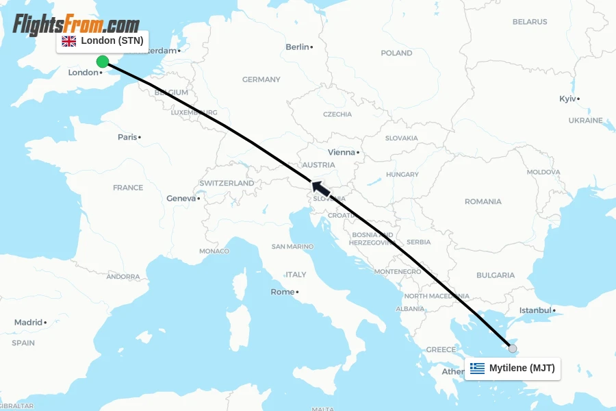 Flights from Mytilene to London route map