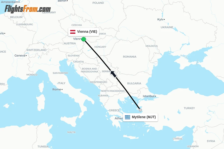 Flights from Mytilene to Vienna route map