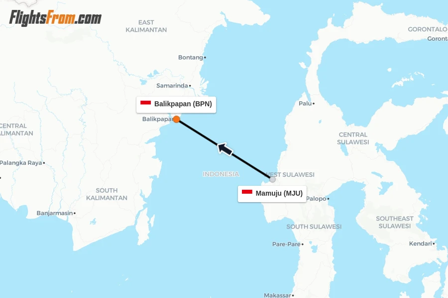 Flights from Mamuju to Balikpapan route map