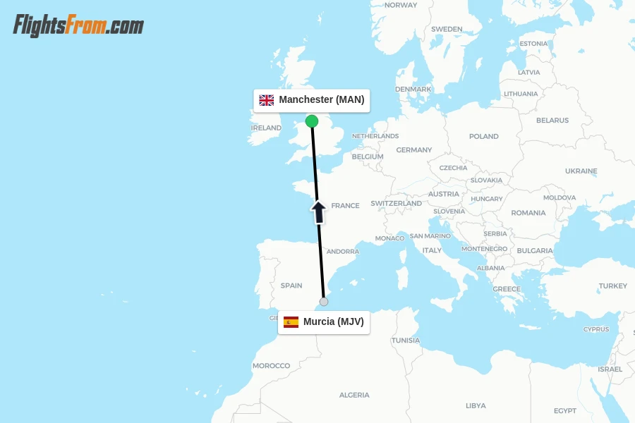 Flights from Murcia to Manchester route map