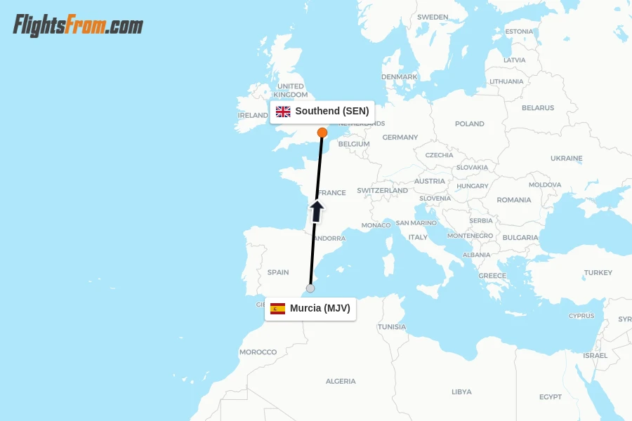 Flights from Murcia to Southend route map
