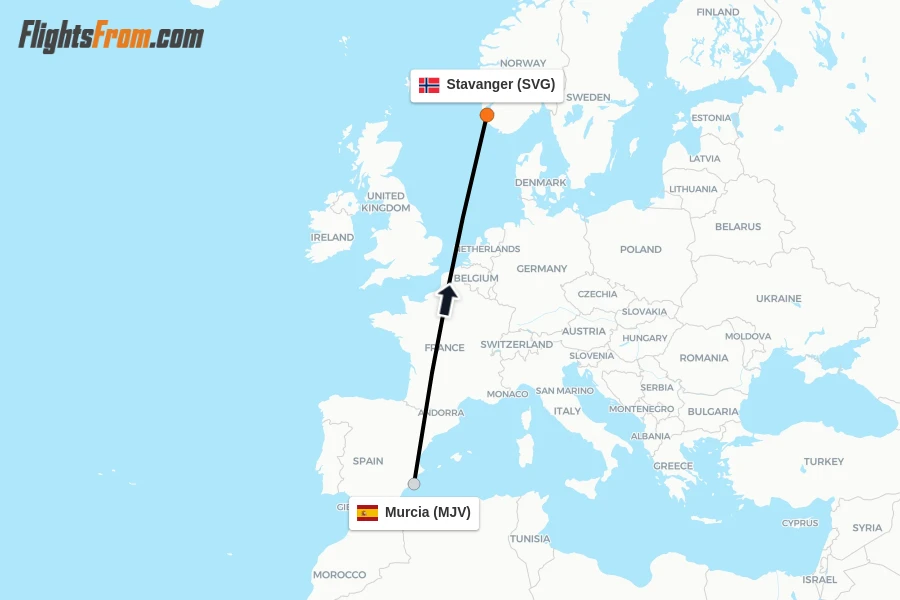 Flights from Murcia to Stavanger route map
