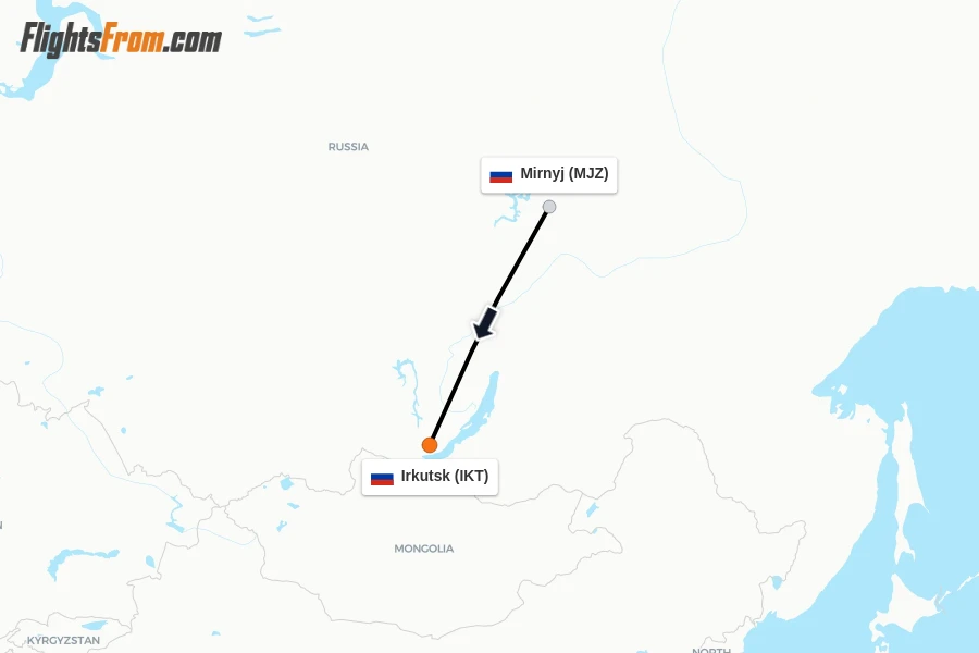 Flights from Mirnyj to Irkutsk route map