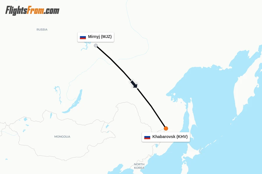 Flights from Mirnyj to Khabarovsk route map