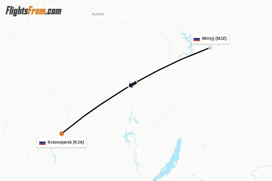 Flights from Mirnyj to Krasnojarsk route map