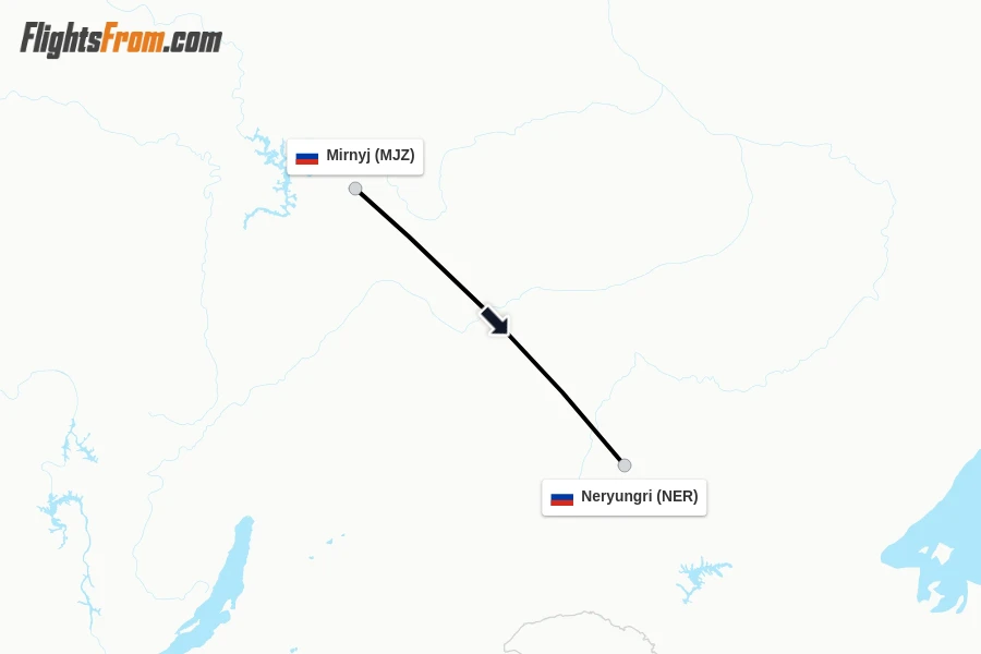 Flights from Mirnyj to Neryungri route map