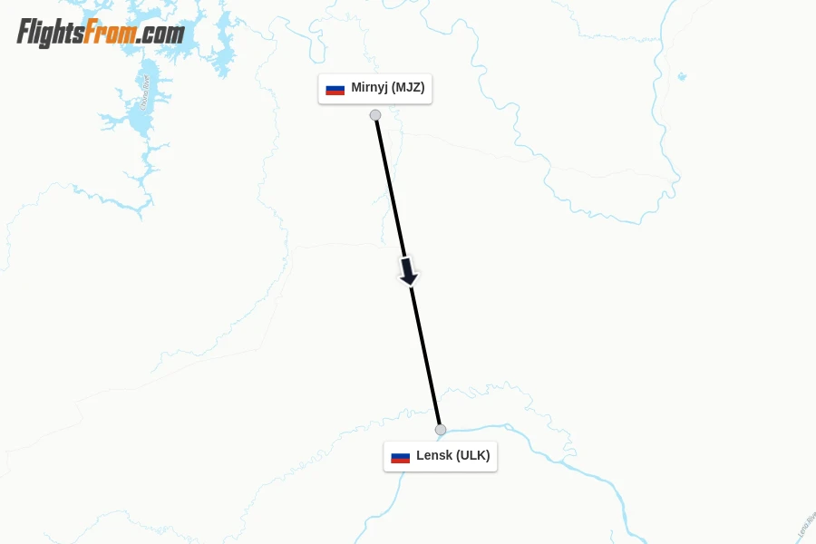 Flights from Mirnyj to Lensk route map