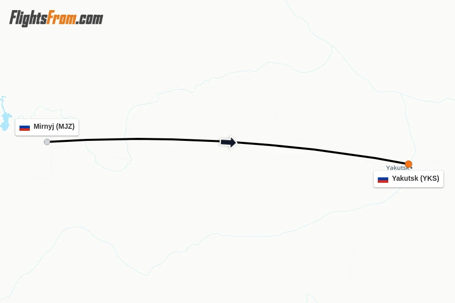 Flights from Mirnyj to Yakutsk route map