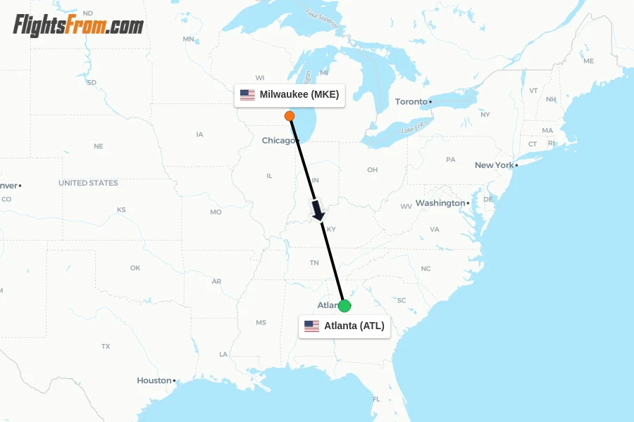 Flights from Milwaukee to Atlanta route map