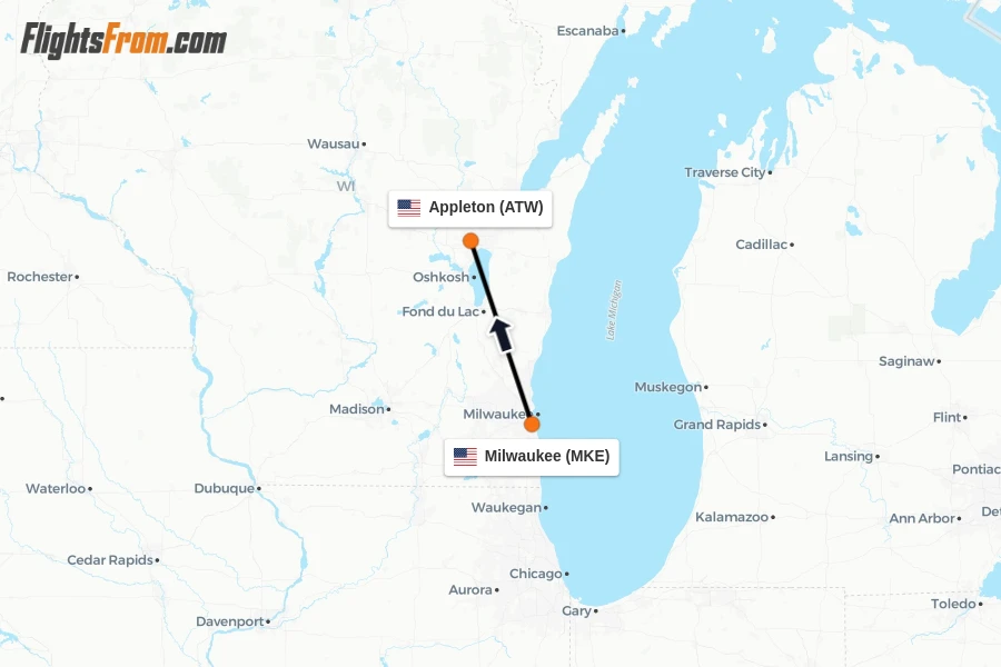 Flights from Milwaukee to Appleton route map