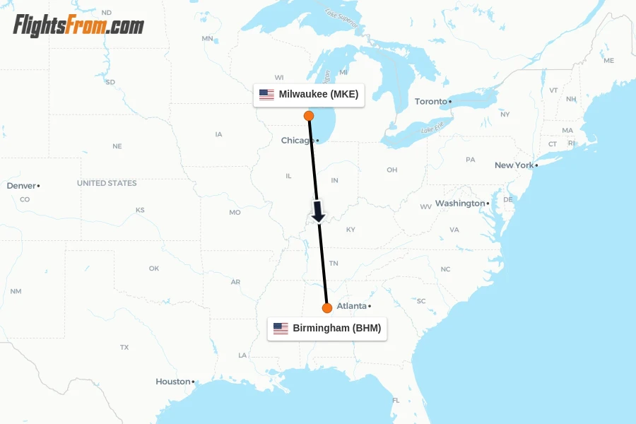 Flights from Milwaukee to Birmingham route map