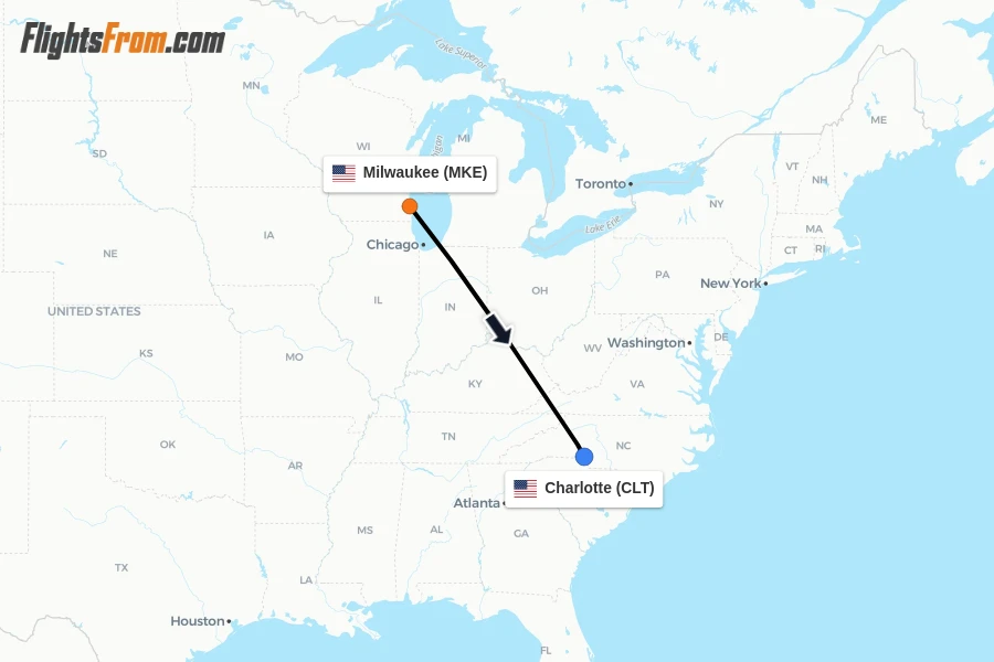 Flights from Milwaukee to Charlotte route map