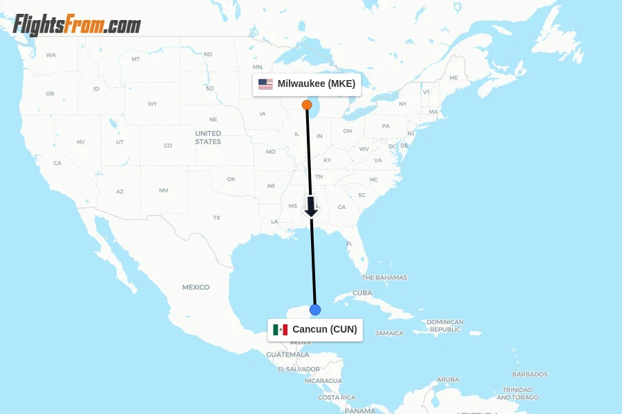 Flights from Milwaukee to Cancun route map