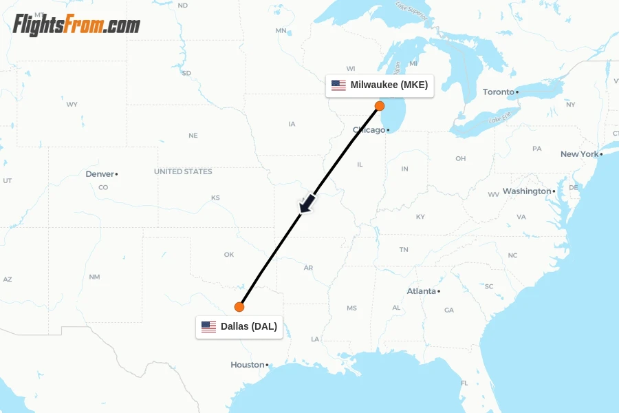 Flights from Milwaukee to Dallas route map