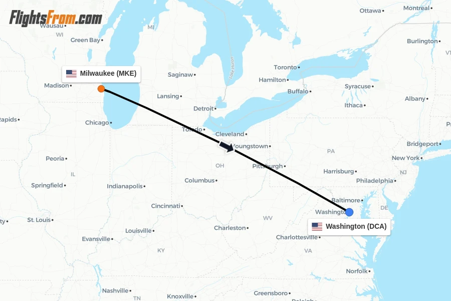 Flights from Milwaukee to Washington route map