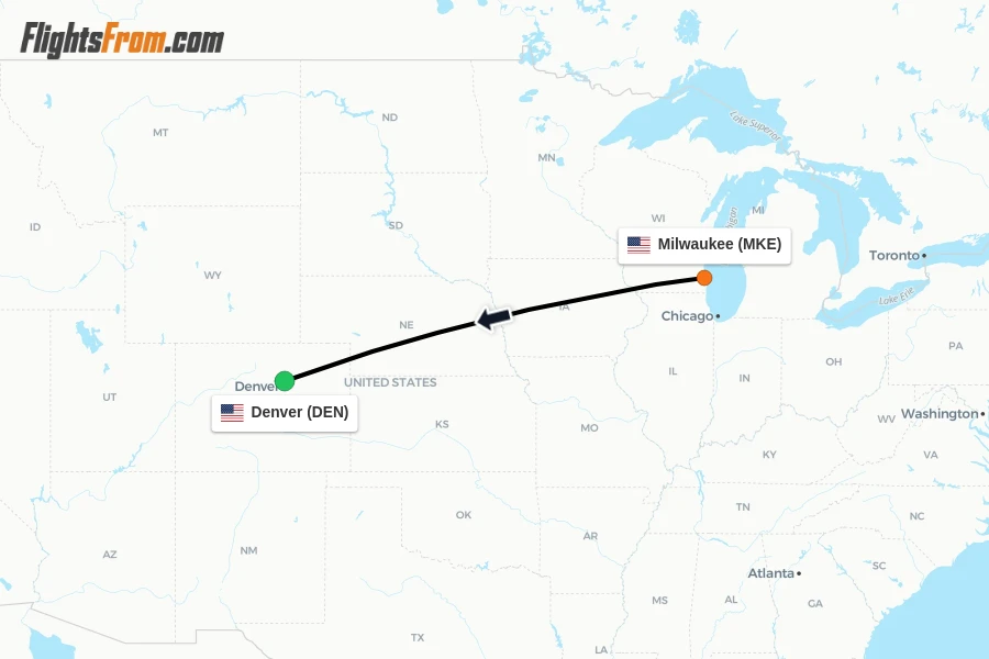 Flights from Milwaukee to Denver route map