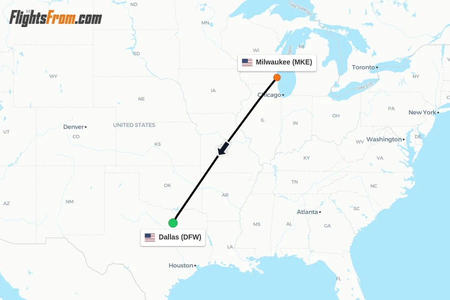 Flights from Milwaukee to Dallas route map
