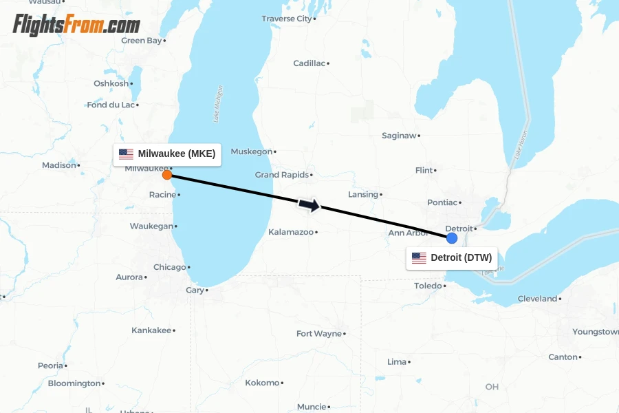 Flights from Milwaukee to Detroit route map