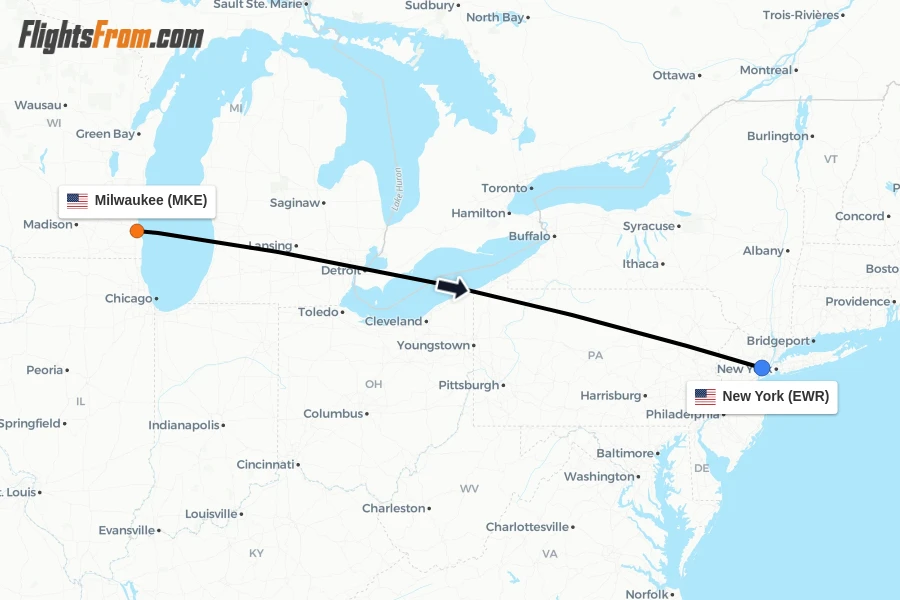Flights from Milwaukee to New York route map