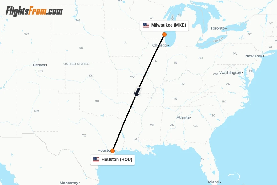 Flights from Milwaukee to Houston route map