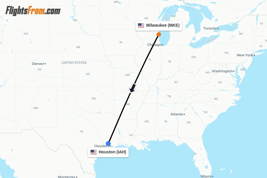Flights from Milwaukee to Houston route map