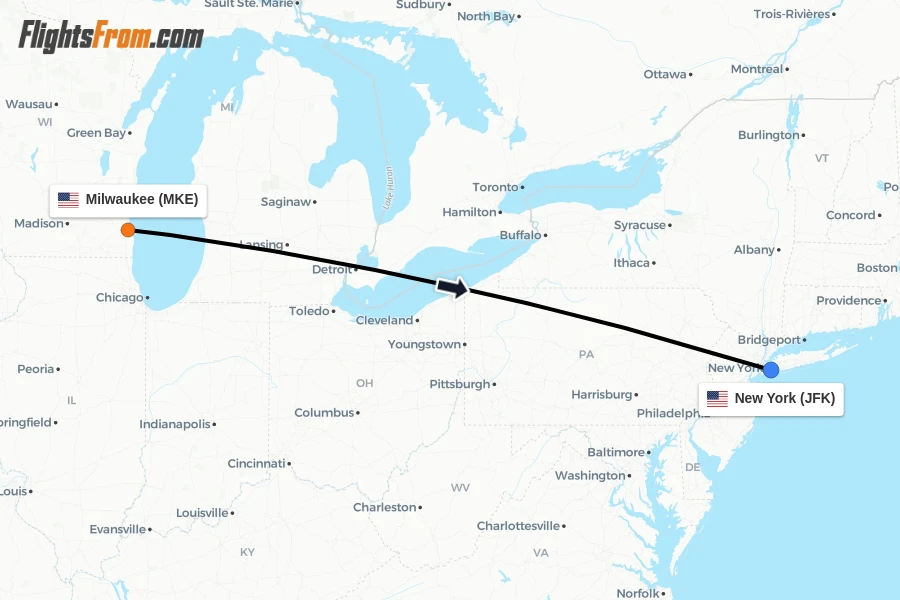 Flights from Milwaukee to New York route map