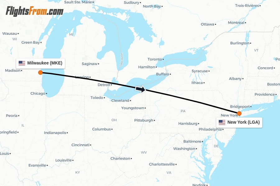 Flights from Milwaukee to New York route map