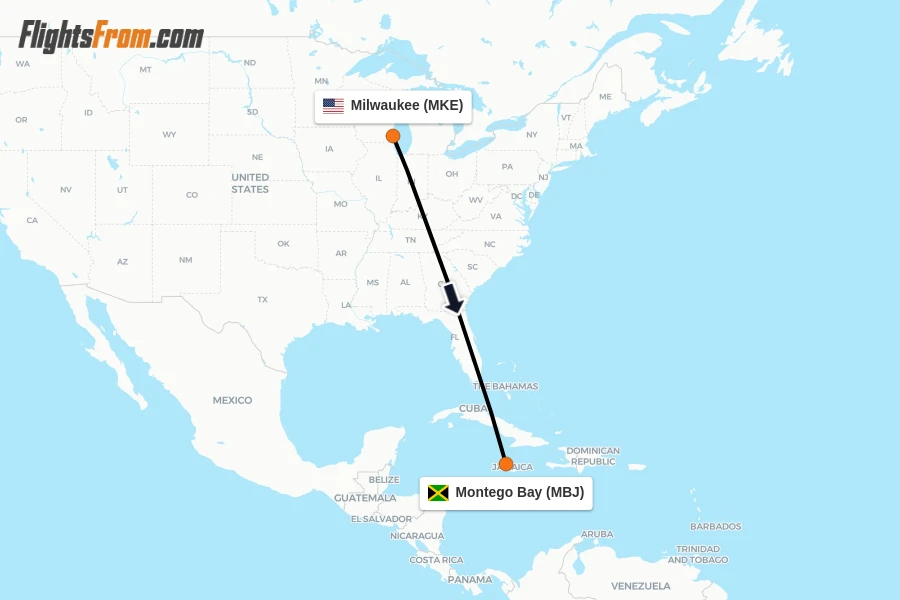 Flights from Milwaukee to Montego Bay route map