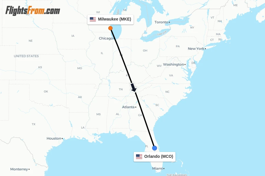 Flights from Milwaukee to Orlando route map