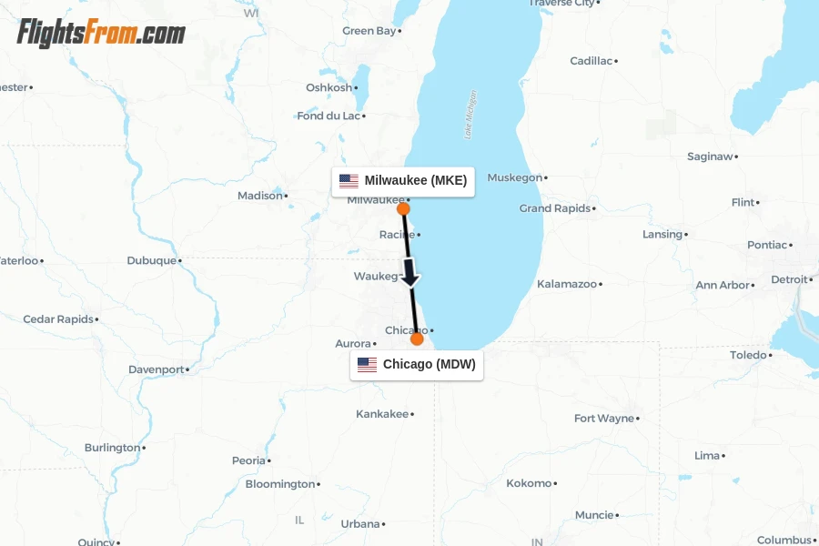 Flights from Milwaukee to Chicago route map