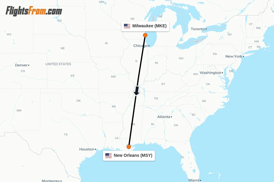 Flights from Milwaukee to New Orleans route map