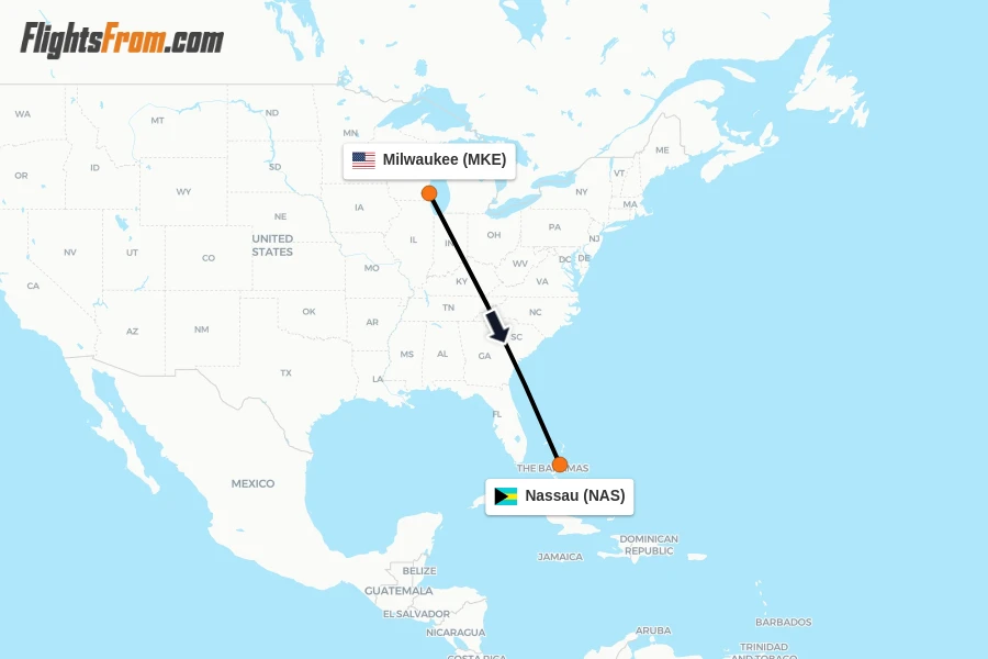 Flights from Milwaukee to Nassau route map