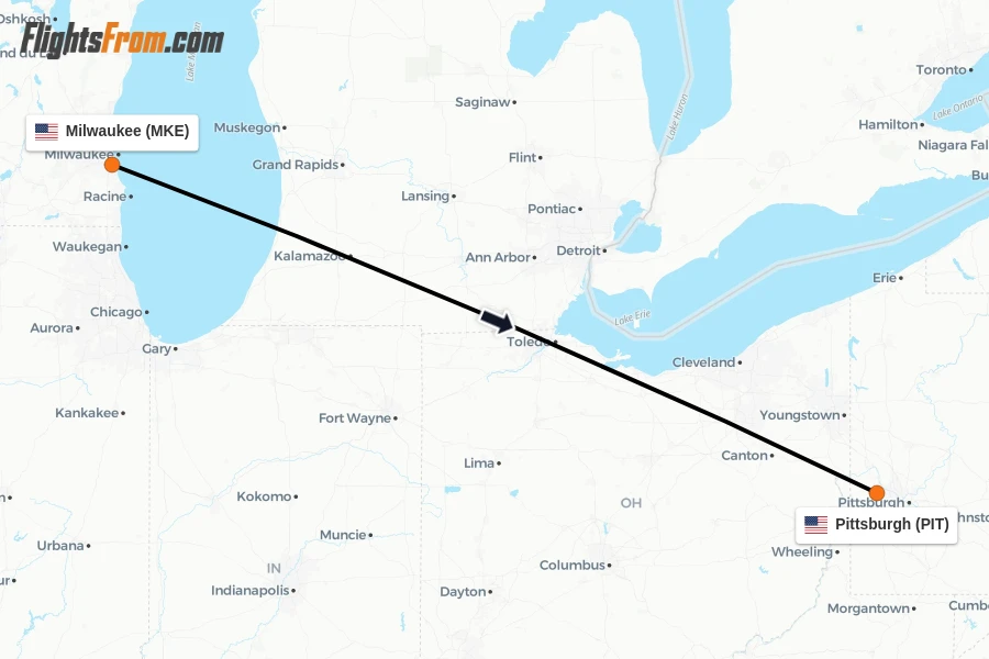 Flights from Milwaukee to Pittsburgh route map