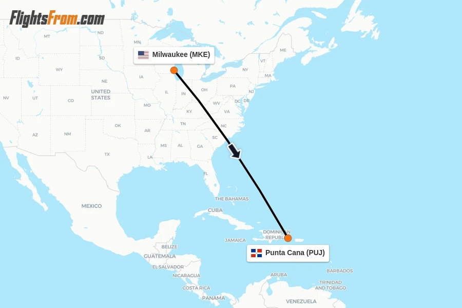 Flights from Milwaukee to Punta Cana route map