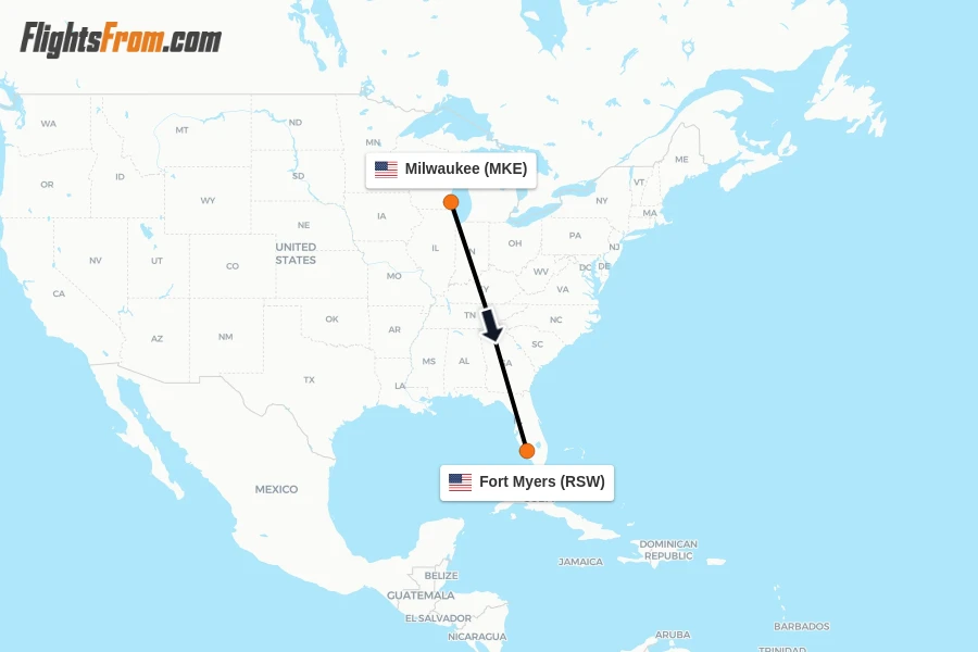 Flights from Milwaukee to Fort Myers route map