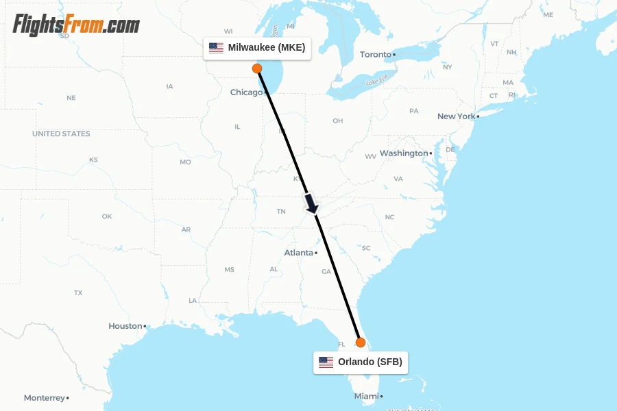 Flights from Milwaukee to Orlando route map
