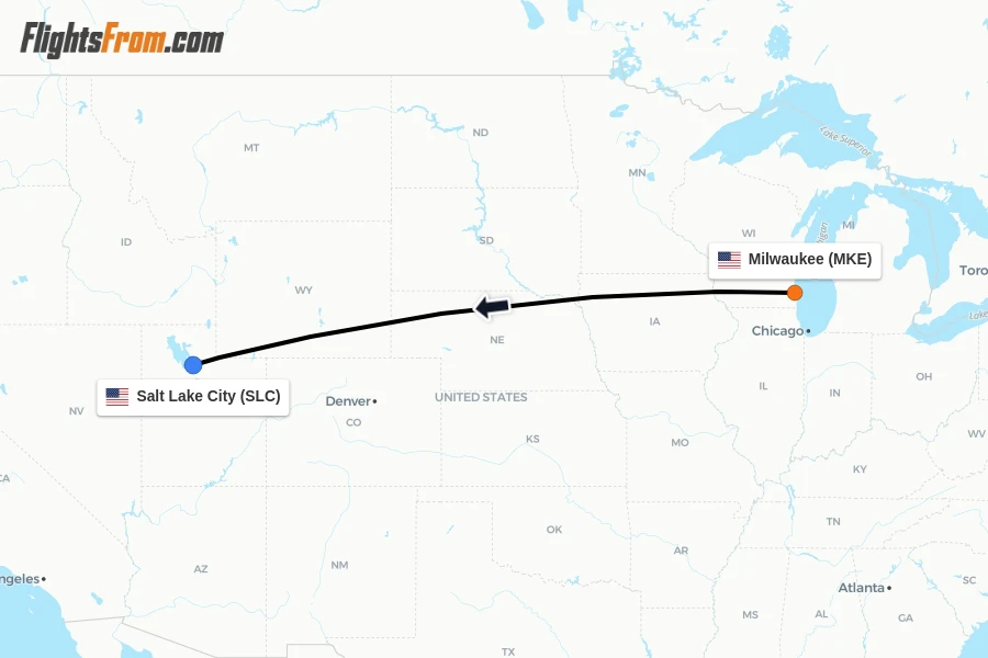Flights from Milwaukee to Salt Lake City route map
