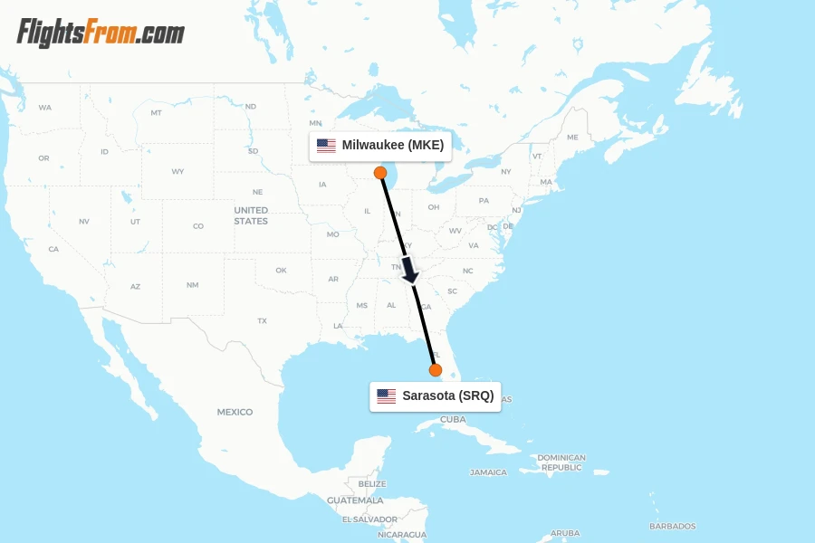 Flights from Milwaukee to Sarasota route map