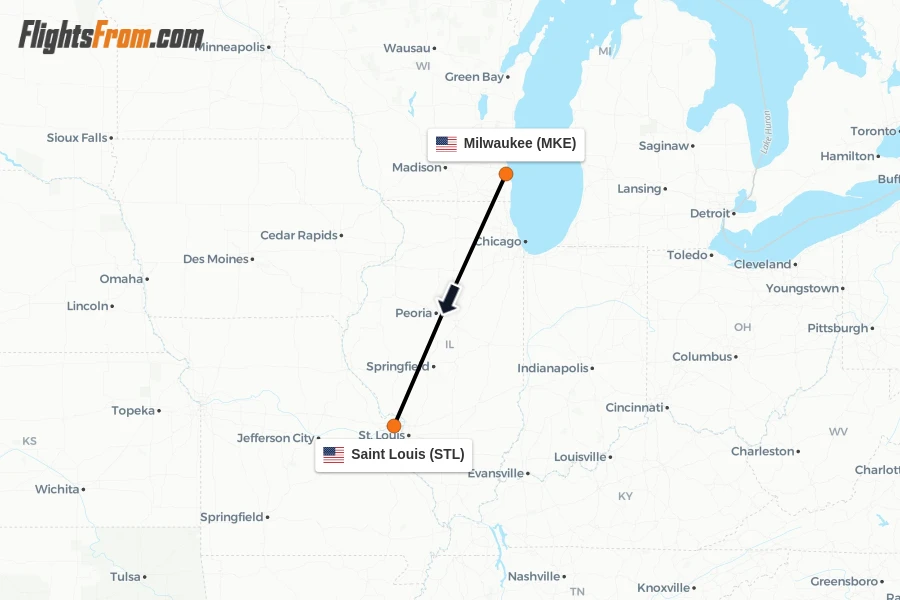 Flights from Milwaukee to Saint Louis route map