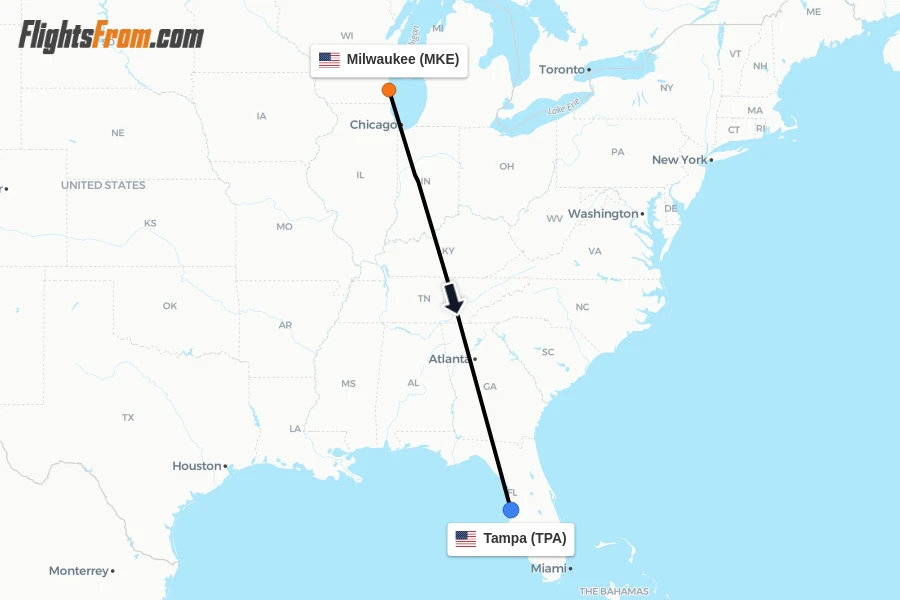 Flights from Milwaukee to Tampa route map