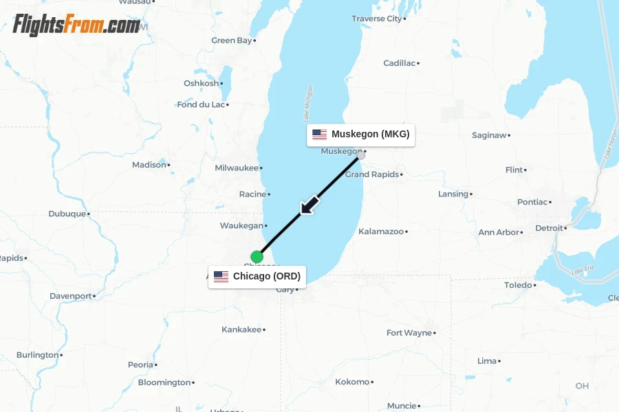Flights from Muskegon to Chicago route map
