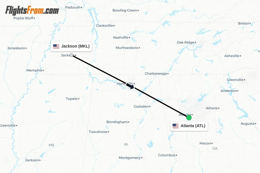 Flights from Jackson to Atlanta route map